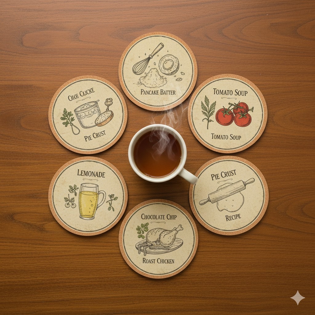 Coaster sets (recipe snippets or ingredient illustrations)